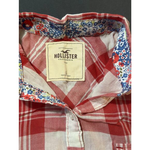 Hollister Women’s Plaid Button Down Tunic Shirt Red White Long Sleeve Size L - Picture 4 of 8